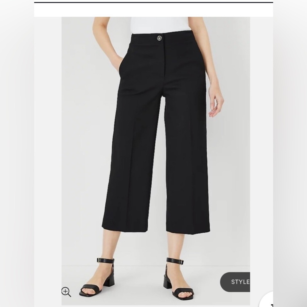 SOLD! Ann Taylor Petite Black Wide Leg Cropped Pants flat front stretch classic